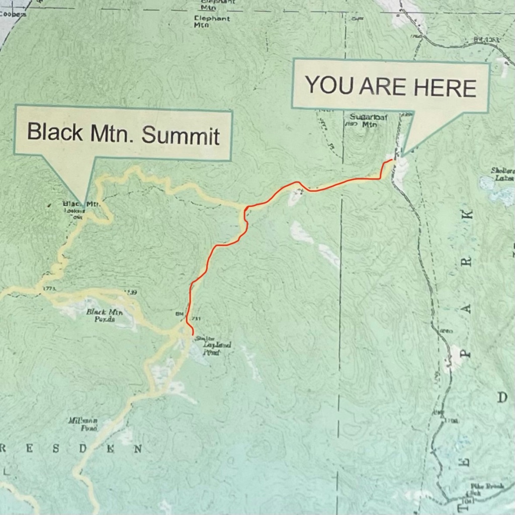 A map of the route from Black mountain trailhead to Lapland pond.